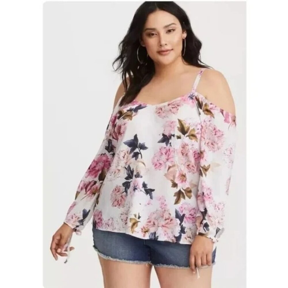 Torrid 1‎ (1X) Pink Floral Cold Shoulder Blouse Top Plus Long Sleeve Wrist Ties